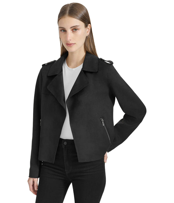 Drape Front Suede Scuba Moto Jacket