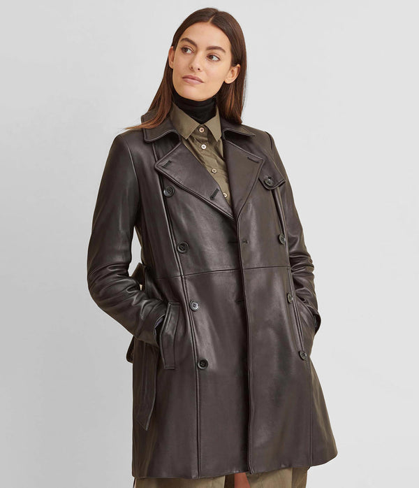 Double-Breasted Belted Leather Trench Coat