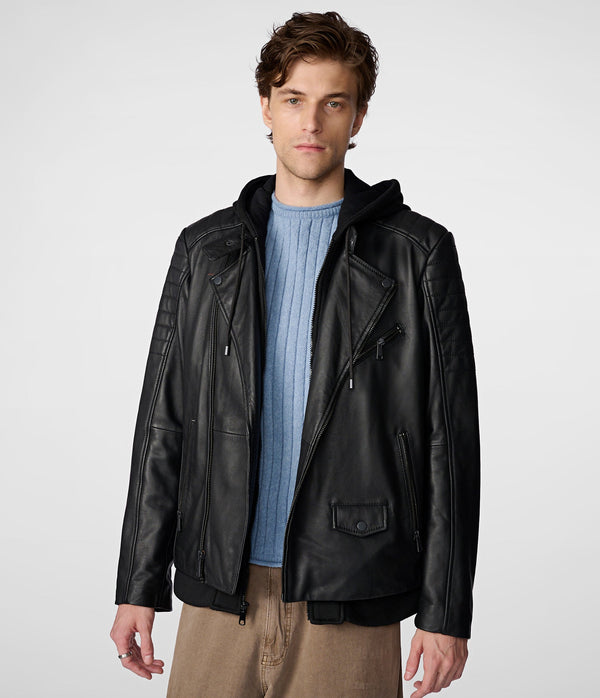 Dustin Leather Hooded Moto Jacket