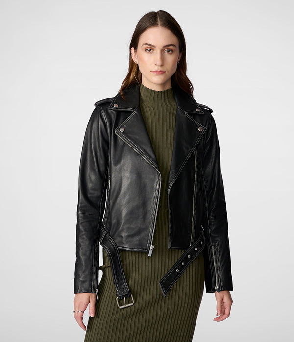 Anna Leather Moto With Stitching